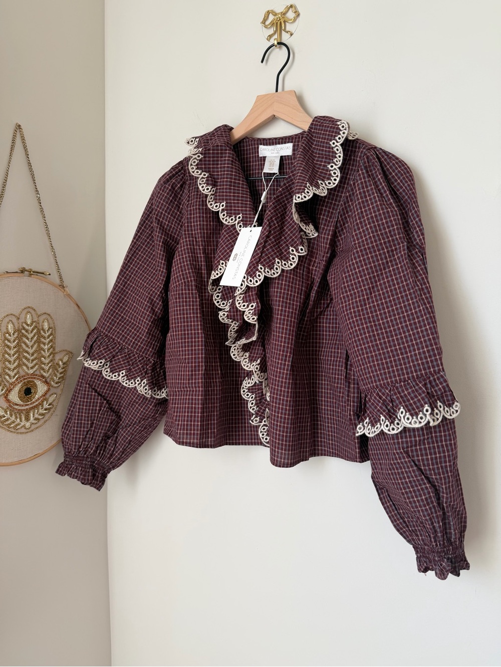 Caroline Constas Burgundy Plaid Ruffle cream embroidered trim cotton blouse